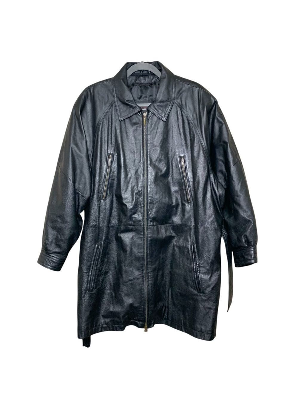 Vintage 90s Wilson's Black Leather Zip Jacket Sz XL-XXL Mid Length Belted Coat